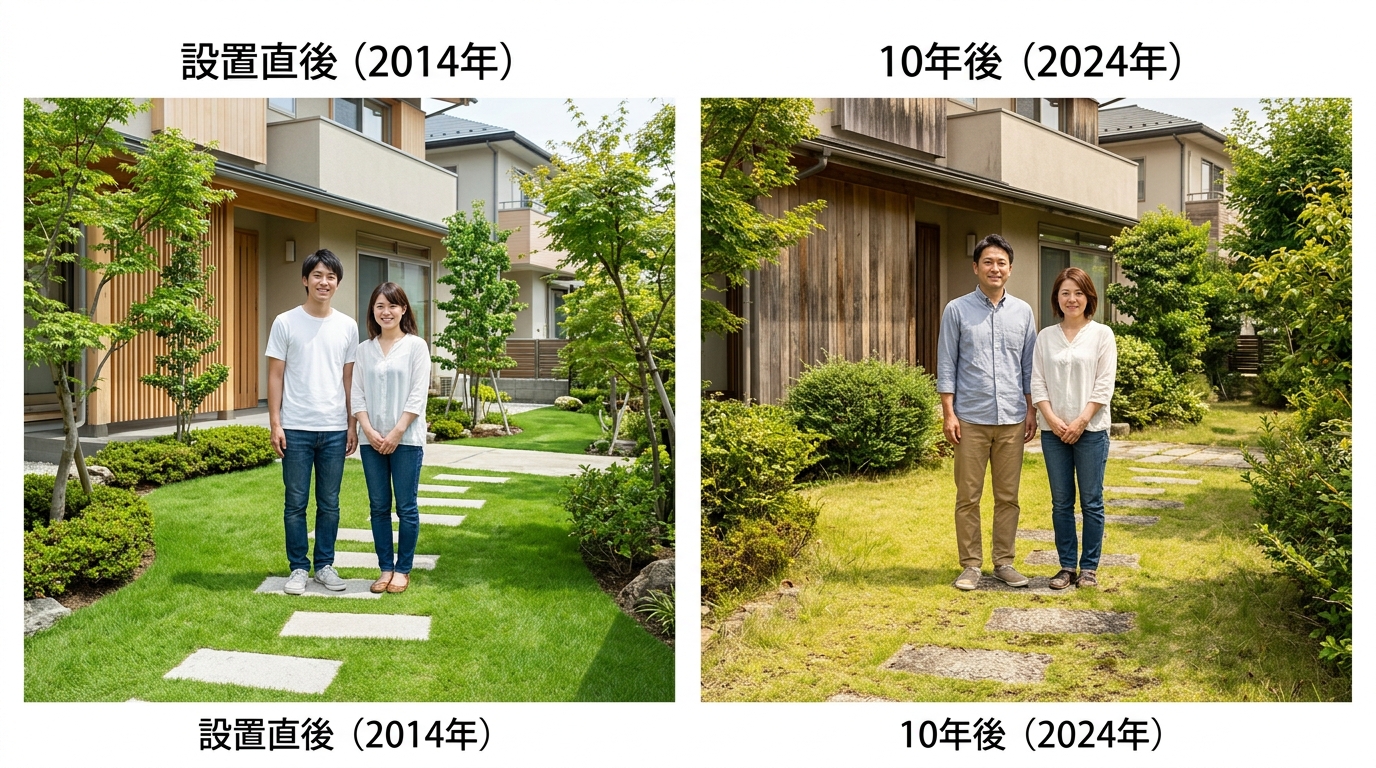 弊社で実際に施工した庭の「設置直後」と「10年後」を比較できる写真。色褪せや芝の倒れが明確に分かるもの]