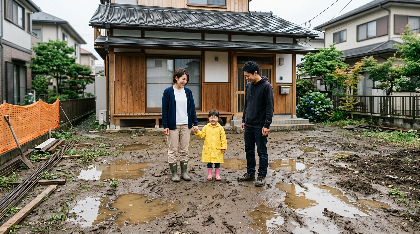 施工前の土がむき出しで、雨水でできた水たまりが点在している庭のビフォー写真]