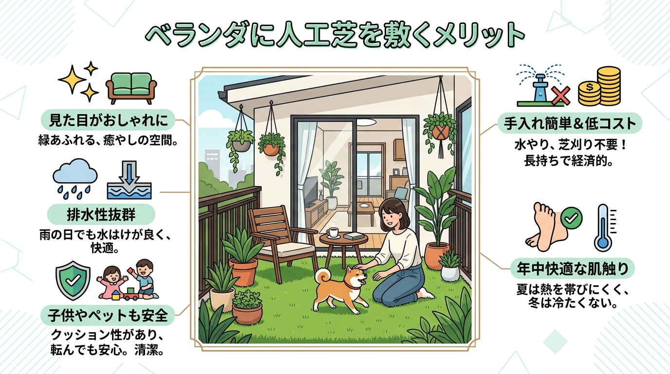 日本人と日本人の近代住宅・風景。参照画像の画風・テイスト・タッチでのイラストの作成。必要に応じてカラーにして。, ベランダに人工芝を敷くメリットを伝えるインフォグラフィック。中央におしゃれなベランダの