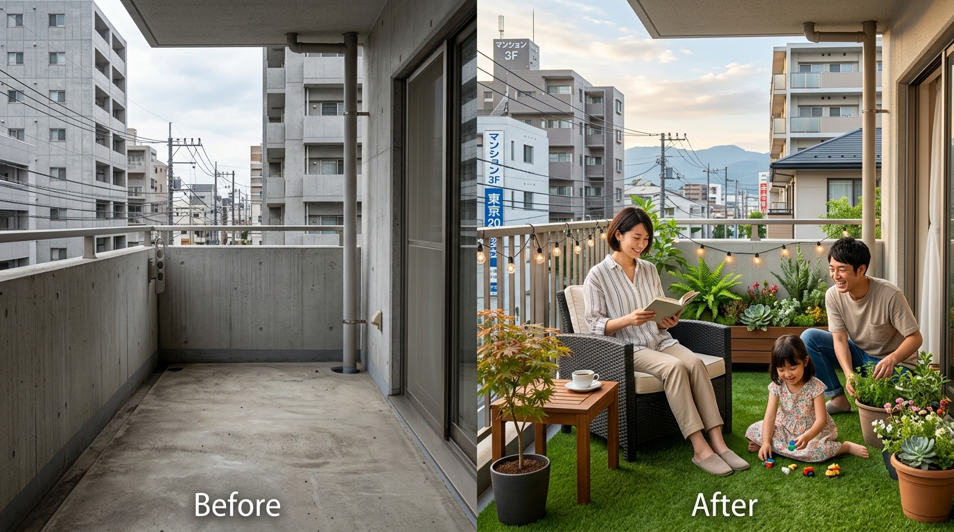殺風景なコンクリートのベランダ（Before）と、人工芝を敷いてアウトドア家具や植物を置いたおしゃれなベランダ（After）の比較写真。読者が変化を具体的にイメージできるようにする。]