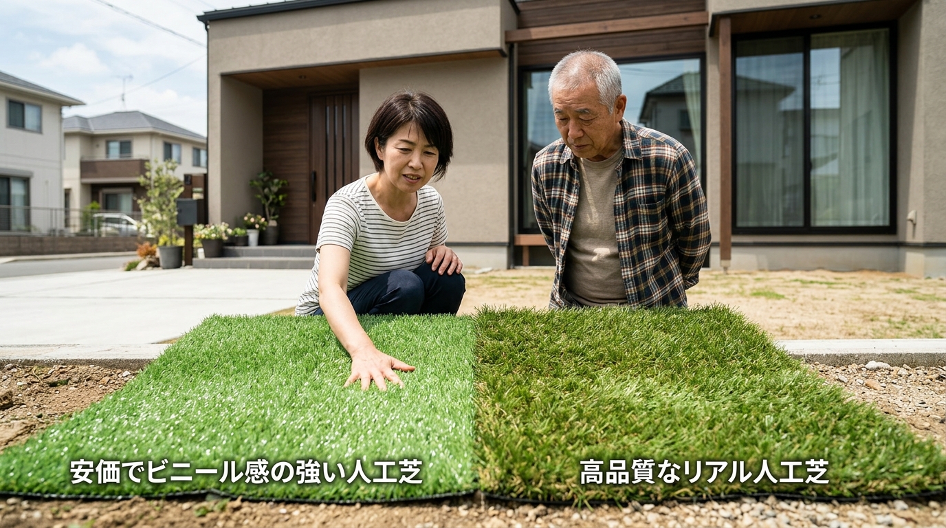 安価でビニール感の強い人工芝と、高品質なリアル人工芝を並べて比較している写真]
