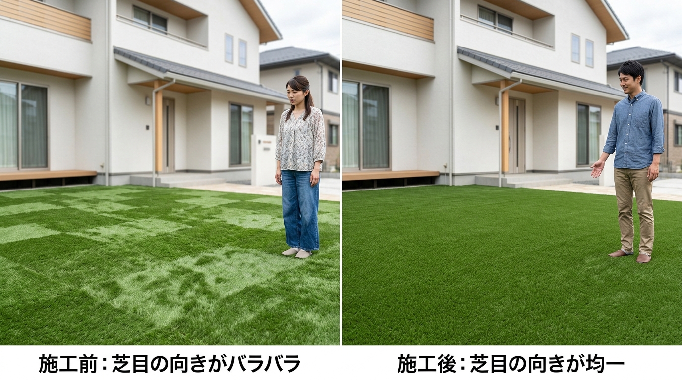 左側に芝目の向きがバラバラで、光の反射で色ムラに見える人工芝の写真。右側に芝目の向きが揃っており、均一で自然な見た目の人工芝の写真を並べた比較画像。]