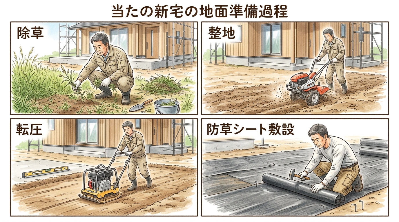 「除草」「整地」「転圧」「防草シート敷設」という下地作りの4つの工程を順に見せる写真セット。]