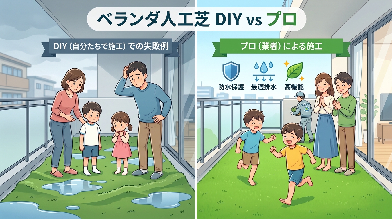 日本人と日本人の近代住宅・風景。参照画像の画風・テイスト・タッチでのイラストの作成。必要に応じてカラーにして。, 「ベランダ人工芝 DIY vs プロ」をテーマにした比較インフォグラフィック。画面を左