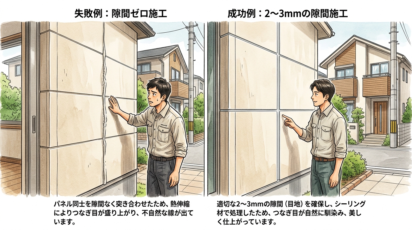 左側に隙間ゼロで施工したためにつなぎ目が盛り上がって線のように見える失敗写真。右側に2〜3mmの隙間を空けたことでつなぎ目が自然に馴染んでいる成功写真を並べた比較画像。]