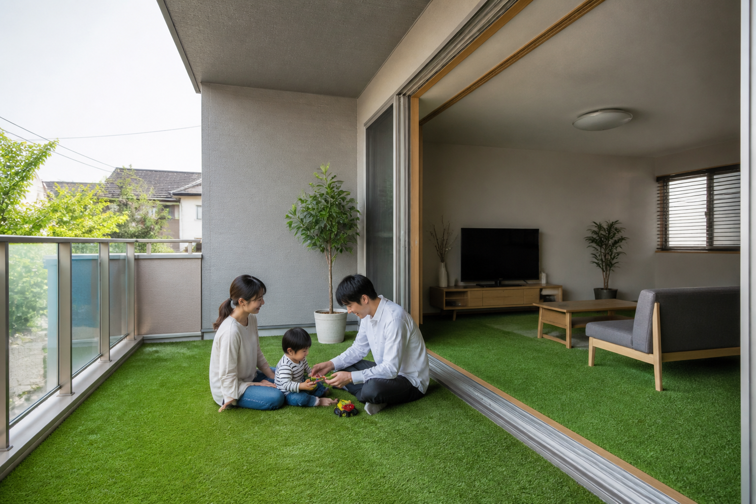 ベランダからリビングまで連続して人工芝が敷かれており、空間の広がりを感じさせる施工事例の写真。]