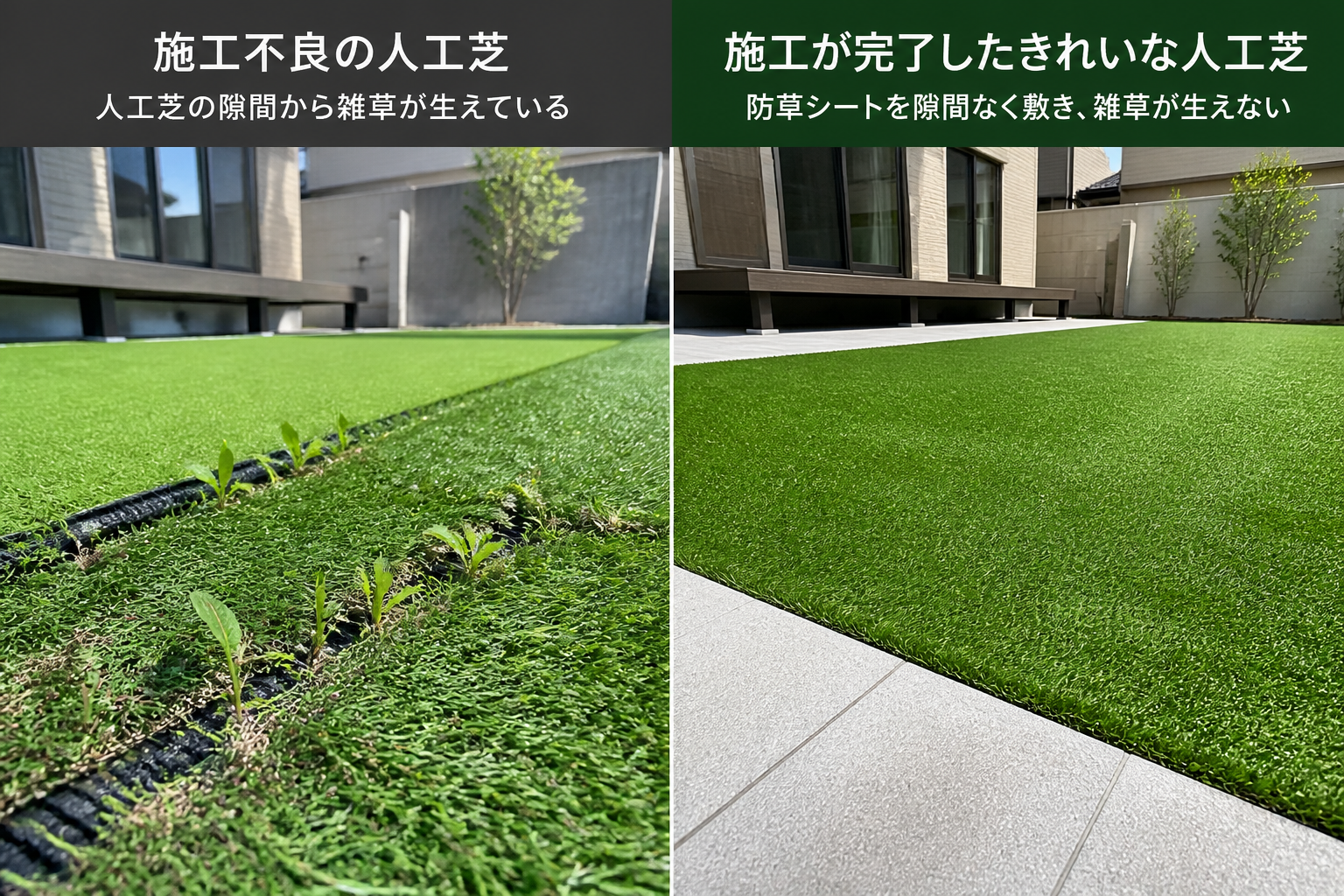 左側に人工芝の隙間から雑草が突き出ている施工不良の写真、右側に防草シートが隙間なく敷かれ、きれいに施工された人工芝の写真を並べた比較画像。]