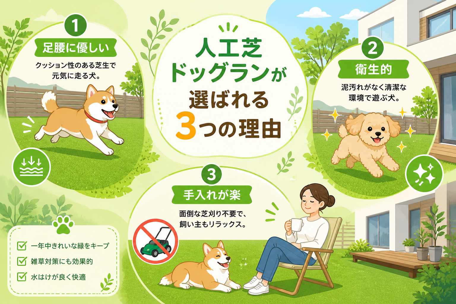 日本人と日本人の近代住宅・風景。参照画像の画風・テイスト・タッチでのイラストの作成。必要に応じてカラーにして。, インフォグラフィック。中央に「人工芝ドッグランが選ばれる3つの理由」とタイトルを配置。