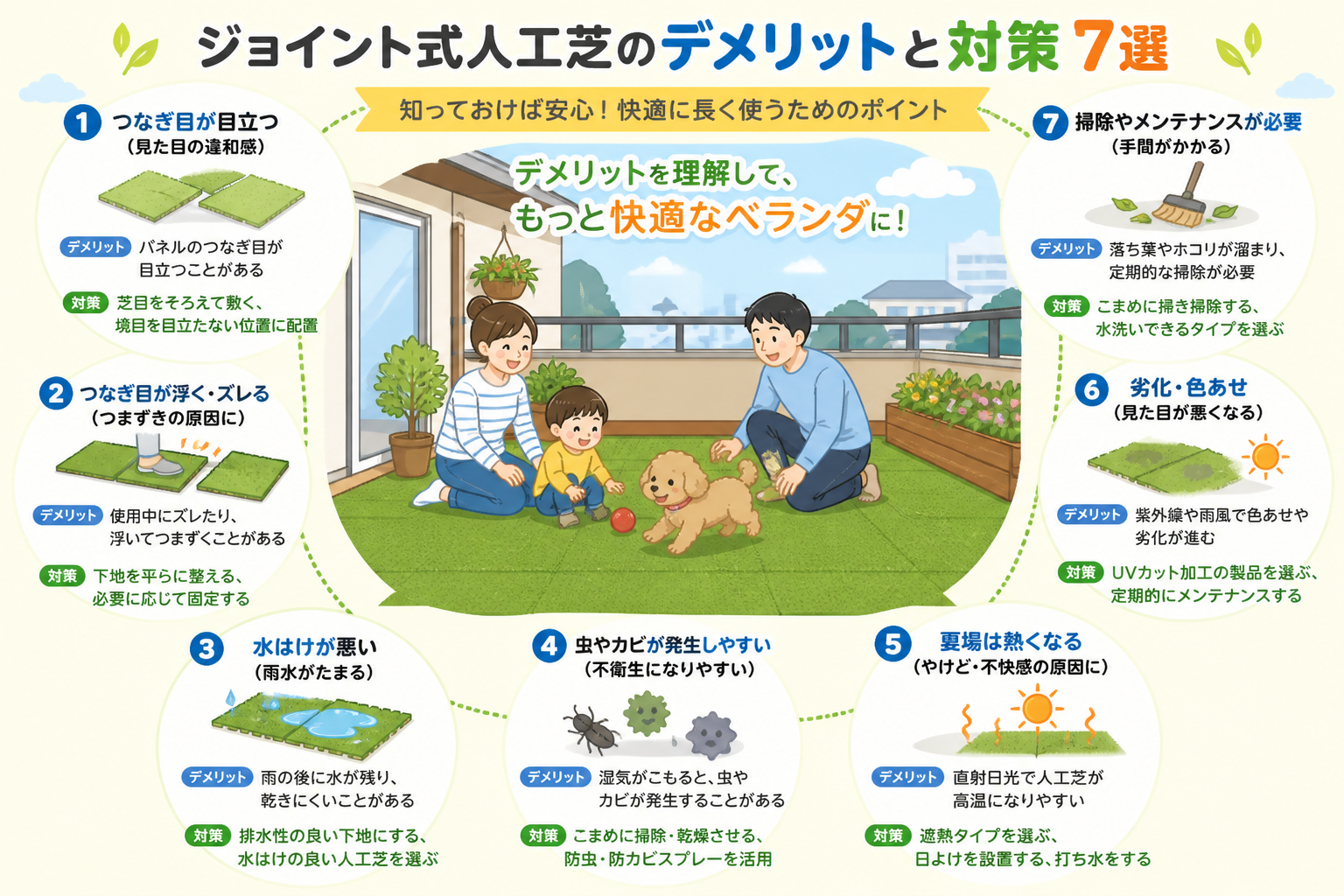 日本人と日本人の近代住宅・風景。参照画像の画風・テイスト・タッチでのイラストの作成。必要に応じてカラーにして。, ジョイント式人工芝のデメリットと対策をまとめたインフォグラフィック。中央に「快適なベラ