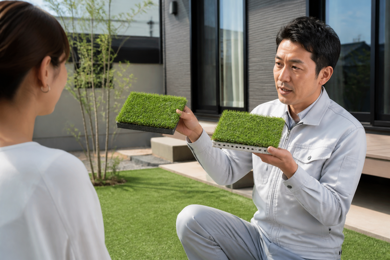 プロの職人が人工芝のサンプル（一体型と別施工のもの）を手に持ち、比較しながら解説している様子の写真。記事の専門性と信頼性を視覚的に伝えるため。]