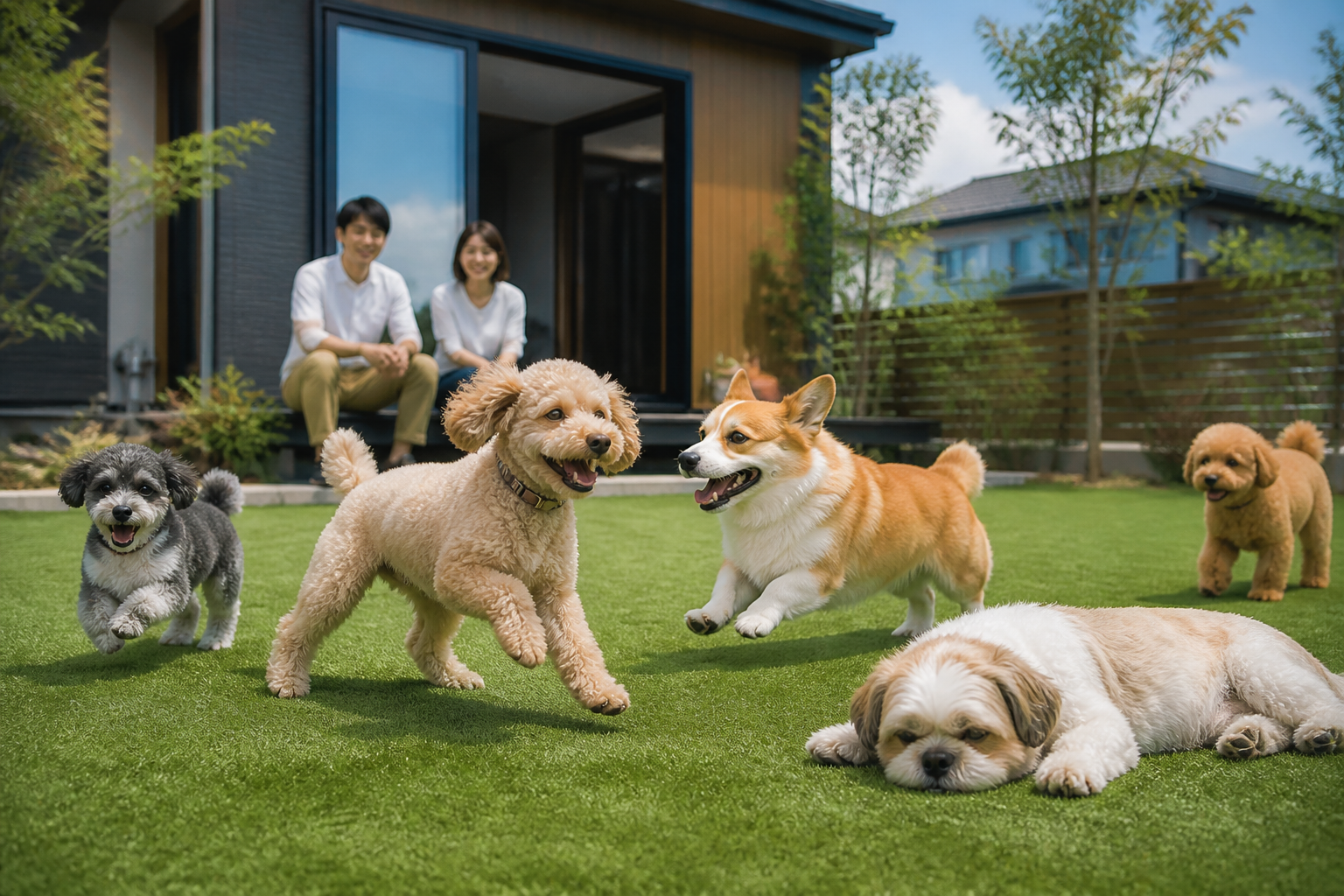 人工芝のドッグランで、トイプードルやコーギーなどの犬が楽しそうに走り回っている写真。シニア犬が気持ちよさそうに寝そべっている写真も効果的。]
