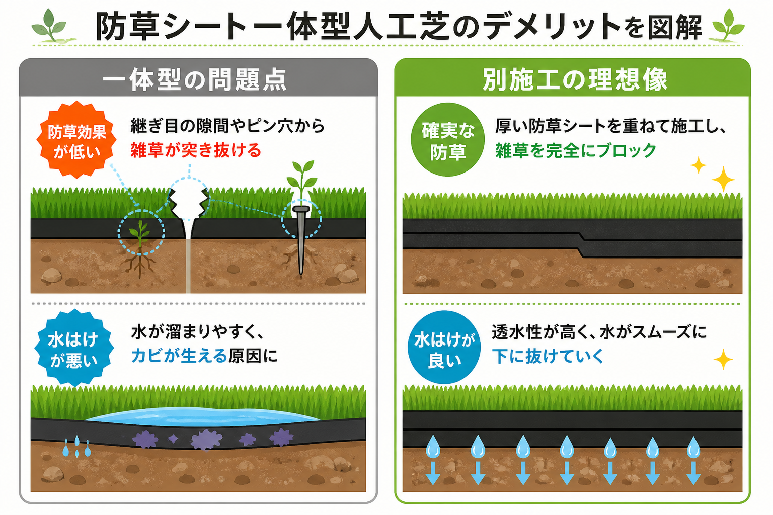 日本人と日本人の近代住宅・風景。参照画像の画風・テイスト・タッチでのイラストの作成。必要に応じてカラーにして。, インフォグラフィック、防草シート一体型人工芝のデメリットを図解。左右で比較する構図。左