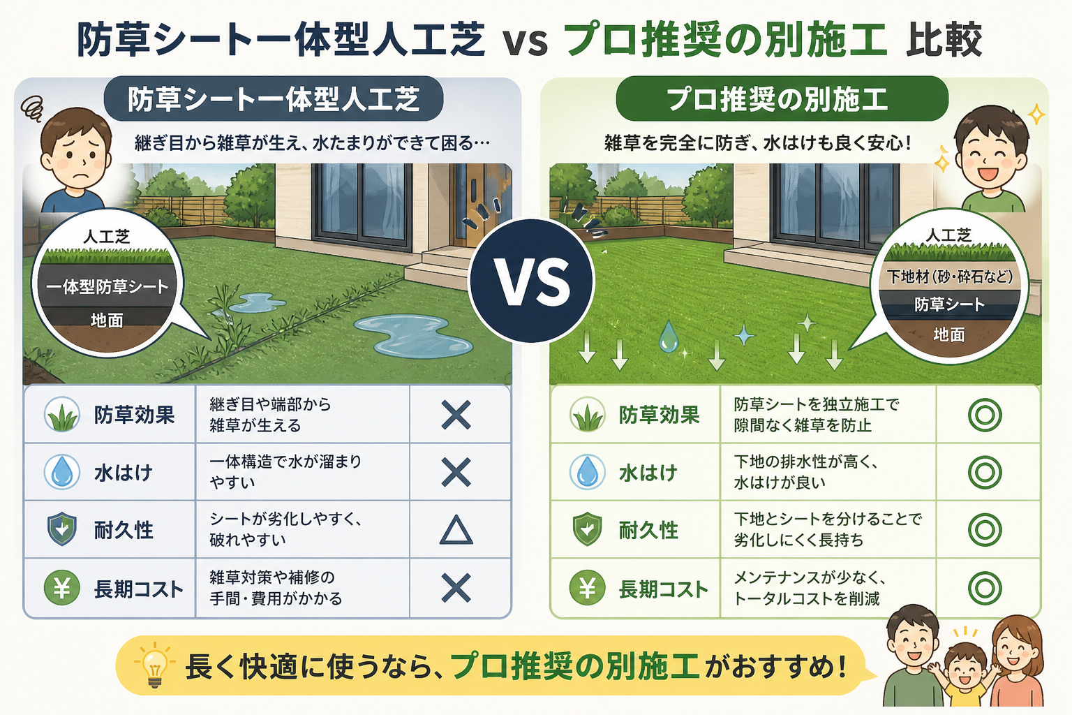 日本人と日本人の近代住宅・風景。参照画像の画風・テイスト・タッチでのイラストの作成。必要に応じてカラーにして。, インフォグラフィック、デジタルイラスト。「防草シート一体型人工芝」と「プロ推奨の別施工