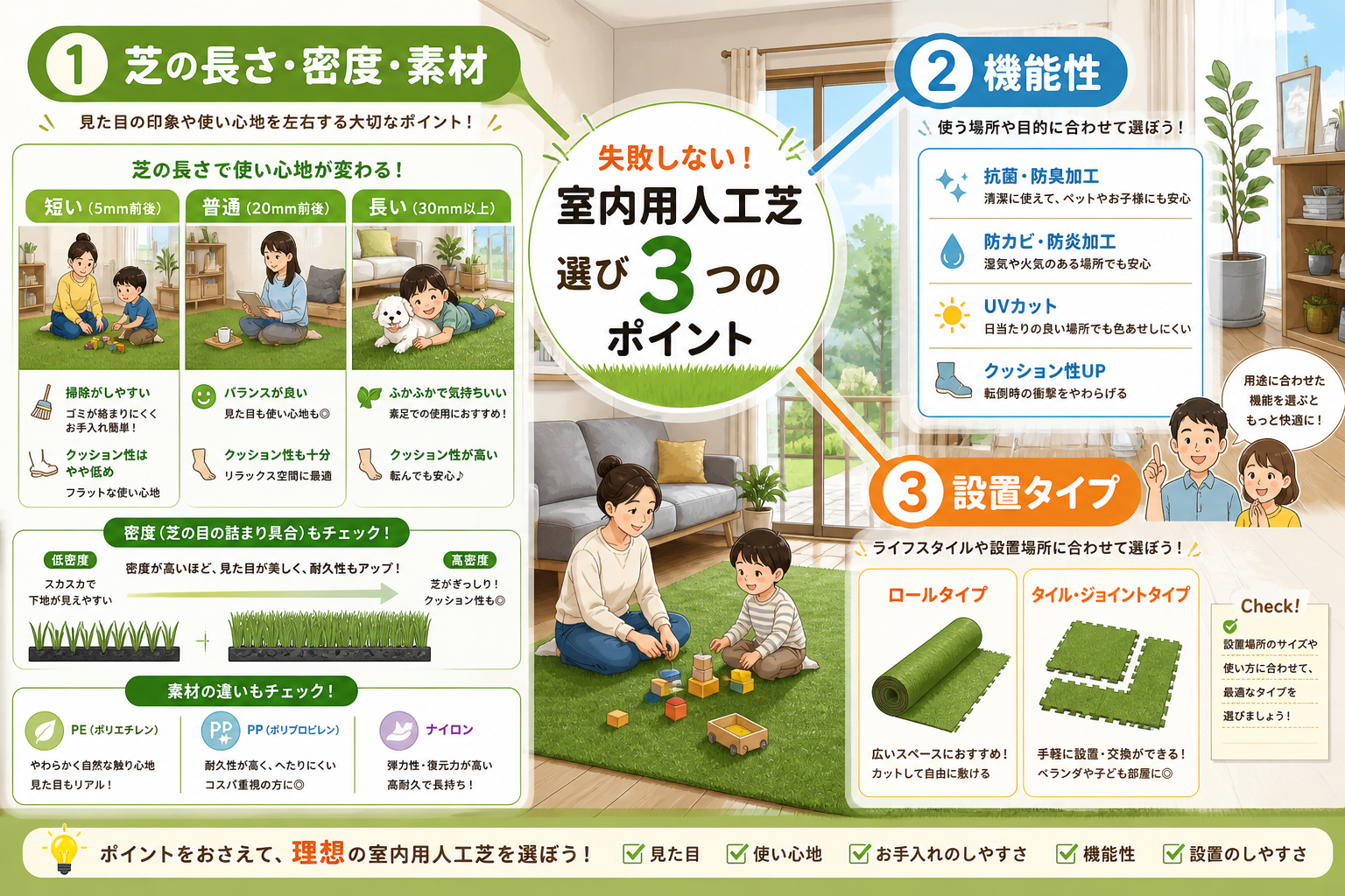 日本人と日本人の近代住宅・風景。参照画像の画風・テイスト・タッチでのイラストの作成。必要に応じてカラーにして。, 室内用人工芝の選び方を解説するインフォグラフィック。中央に「失敗しない!室内用人工芝選