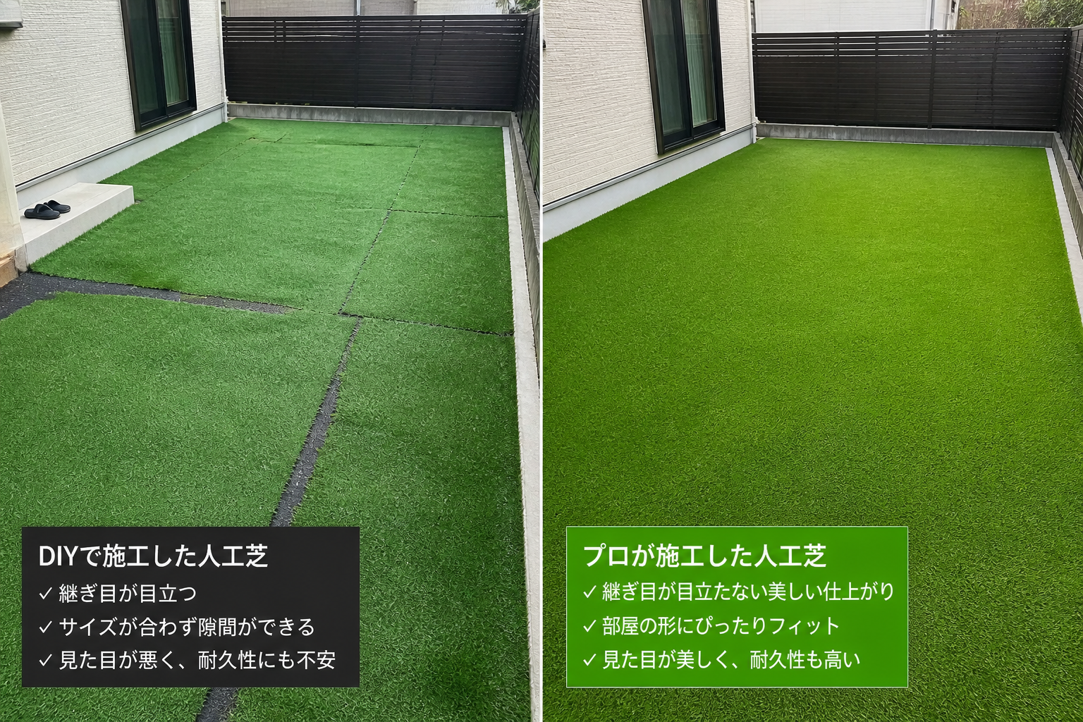 DIYで継ぎ目が目立ったり、サイズが合わず隙間ができてしまった人工芝の写真と、プロが施工した部屋の形にぴったり合った美しい人工芝の比較写真]