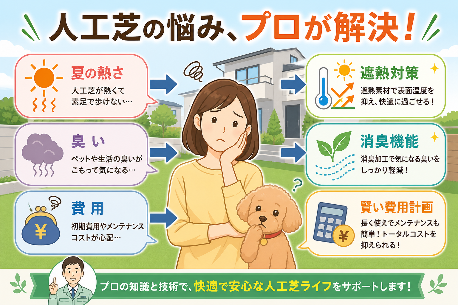 日本人と日本人の近代住宅・風景。参照画像の画風・テイスト・タッチでのイラストの作成。必要に応じてカラーにして。, インフォグラフィック、フラットデザイン。中央に困った顔の女性と犬。左側に「夏の熱さ」「