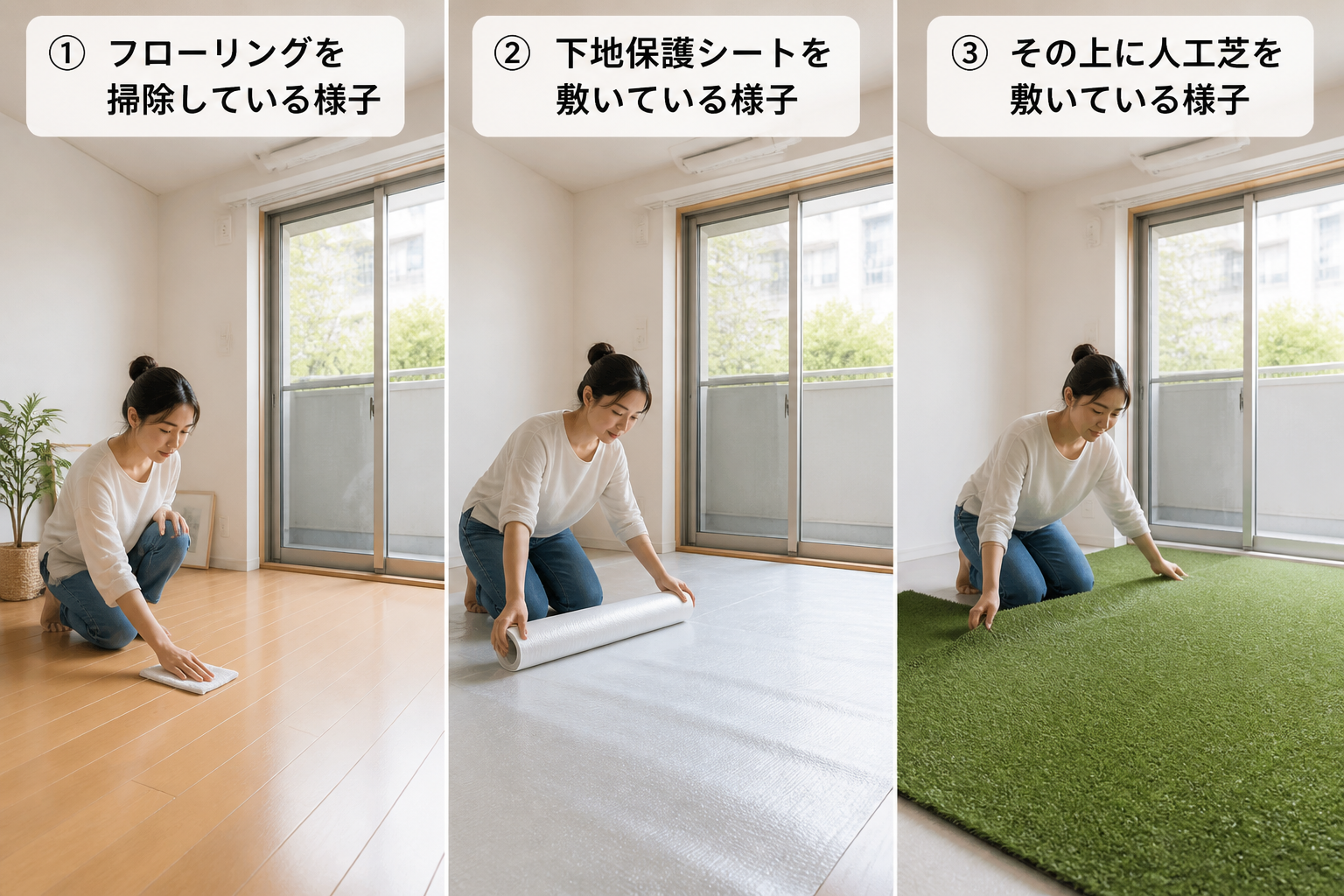 賃貸の部屋で人工芝を設置する3ステップ（①フローリングを掃除している様子、②下地保護シートを敷いている様子、③その上に人工芝を敷いている様子）を並べた写真]