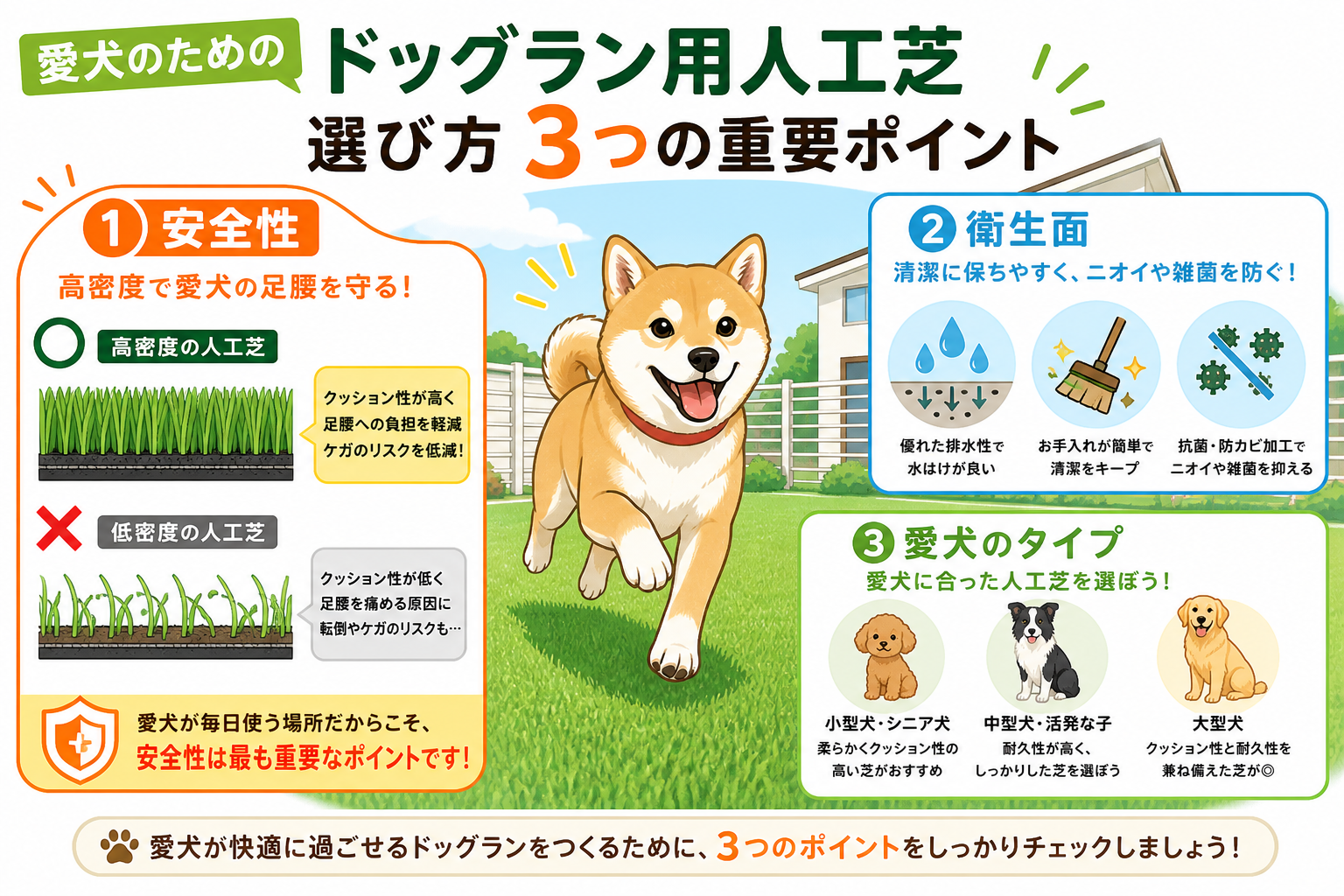 日本人と日本人の近代住宅・風景。参照画像の画風・テイスト・タッチでのイラストの作成。必要に応じてカラーにして。, インフォグラフィック。タイトル「愛犬のためのドッグラン用人工芝 選び方3つの重要ポイン