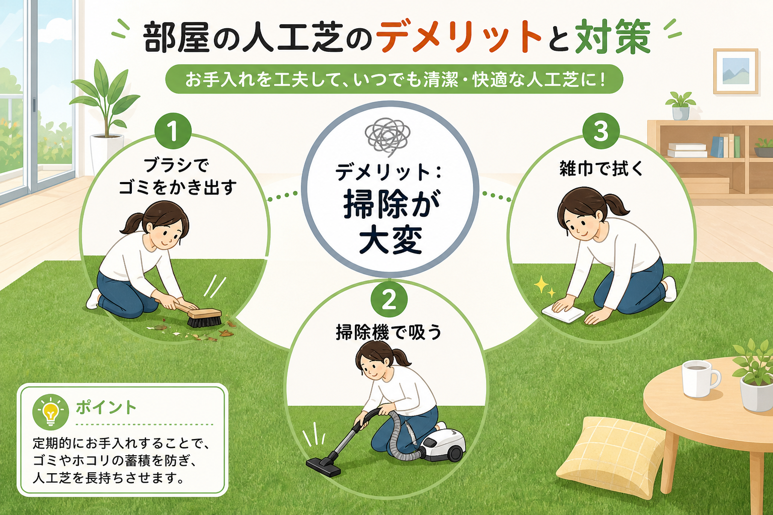 日本人と日本人の近代住宅・風景。参照画像の画風・テイスト・タッチでのイラストの作成。必要に応じてカラーにして。, 「部屋の人工芝のデメリットと対策」をテーマにしたインフォグラフィック。中央に「デメリッ