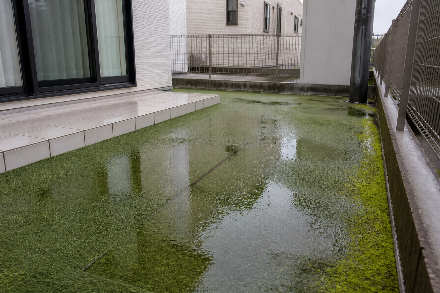 雨上がりに一体型人工芝の上に水たまりができており、端の部分には緑色の苔が発生してしまっている現場の写真]