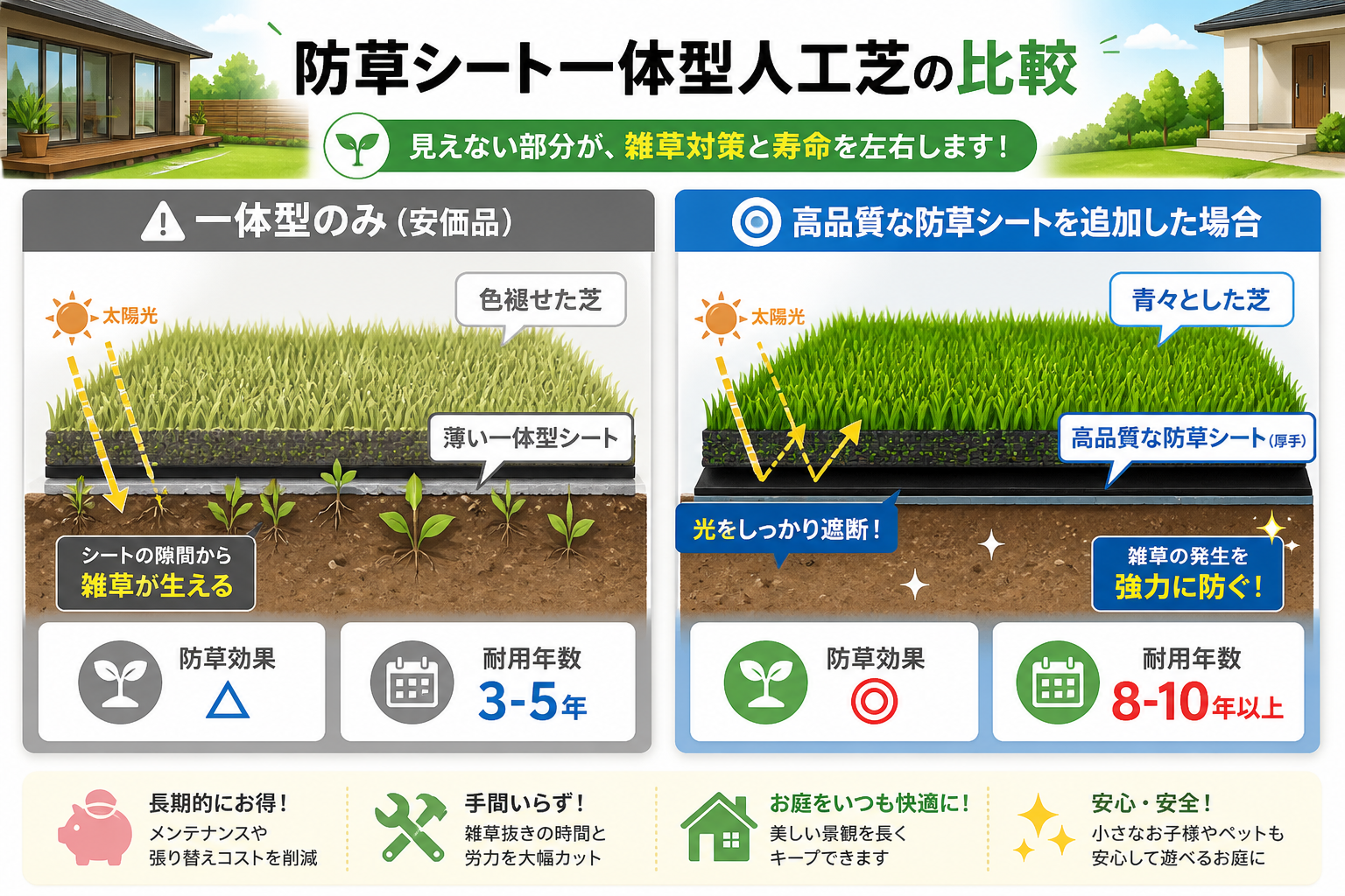 日本人と日本人の近代住宅・風景。参照画像の画風・テイスト・タッチでのイラストの作成。必要に応じてカラーにして。, 「防草シート一体型人工芝」の比較インフォグラフィック。左に「一体型のみ（安価品）」、右