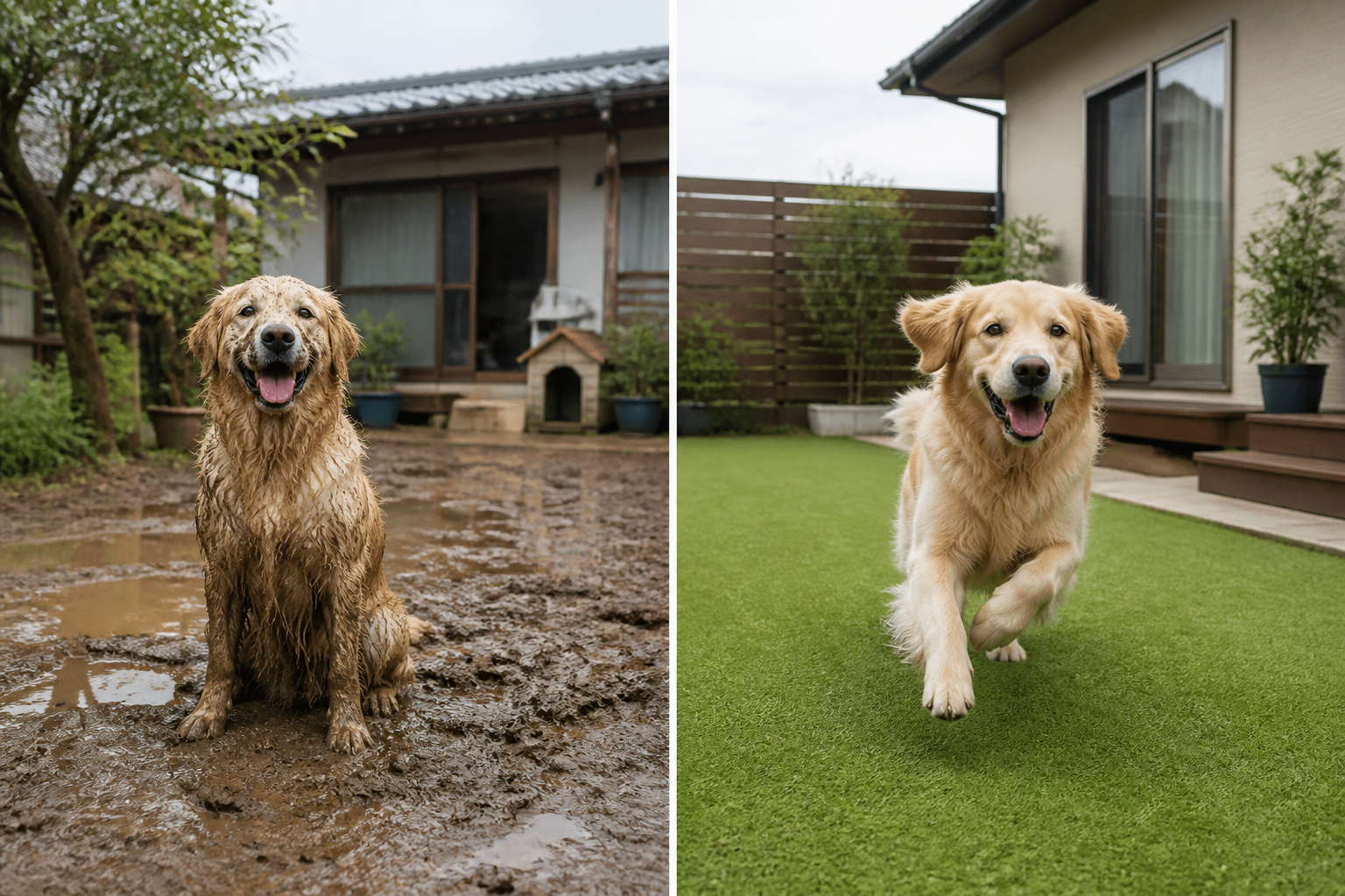 雨上がりのぬかるんだ土の庭で泥だらけになった犬と、同じく雨上がりの人工芝の庭で綺麗に遊んでいる犬を対比させる比較写真。]