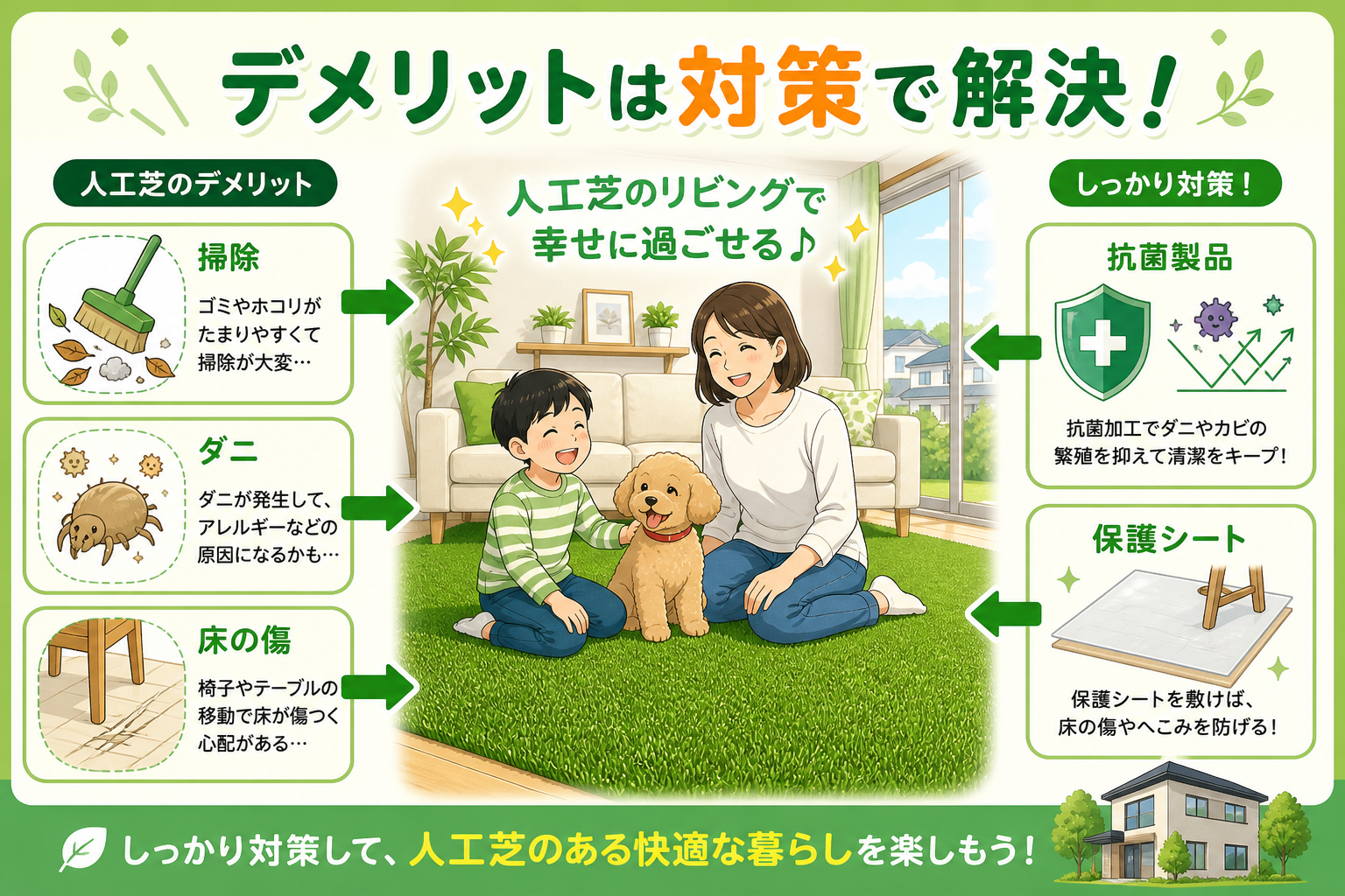 日本人と日本人の近代住宅・風景。参照画像の画風・テイスト・タッチでのイラストの作成。必要に応じてカラーにして。, 部屋の人工芝のデメリットが対策で解決することを表すインフォグラフィック。左側に「掃除・