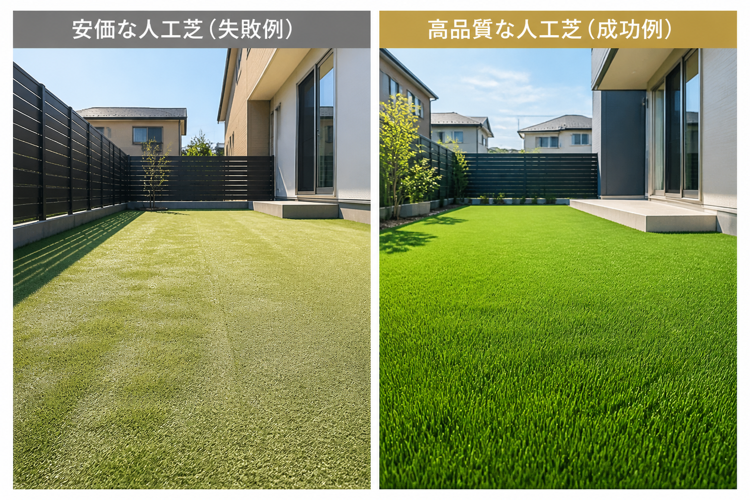 左側に安価な人工芝がペタンコに潰れて色褪せている失敗例の写真、右側に高品質な人工芝が青々と起立している成功例の写真を並べた比較画像。]
