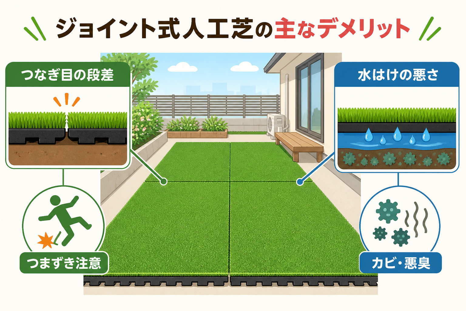 日本人と日本人の近代住宅・風景。参照画像の画風・テイスト・タッチでのイラストの作成。必要に応じてカラーにして。, 「ジョイント式人工芝のデメリット」をテーマにしたインフォグラフィック。中央に敷設された