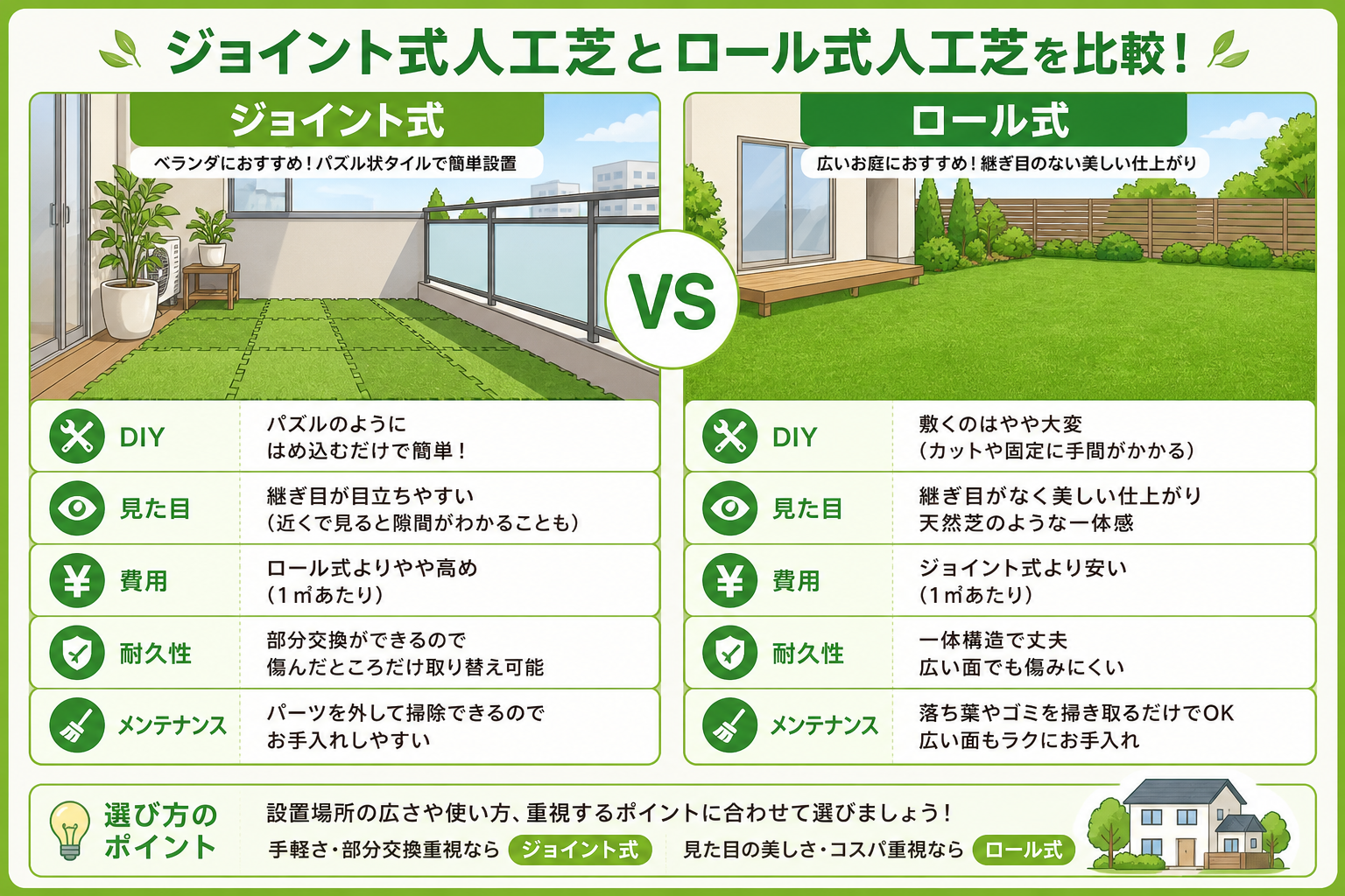 日本人と日本人の近代住宅・風景。参照画像の画風・テイスト・タッチでのイラストの作成。必要に応じてカラーにして。, ジョイント式人工芝とロール式人工芝を比較するインフォグラフィック。画面を左右に分割し、