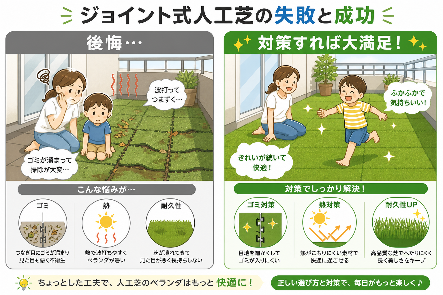 日本人と日本人の近代住宅・風景。参照画像の画風・テイスト・タッチでのイラストの作成。必要に応じてカラーにして。, ジョイント式人工芝の失敗と成功を対比で見せるインフォグラフィック。2分割構図で、左は「