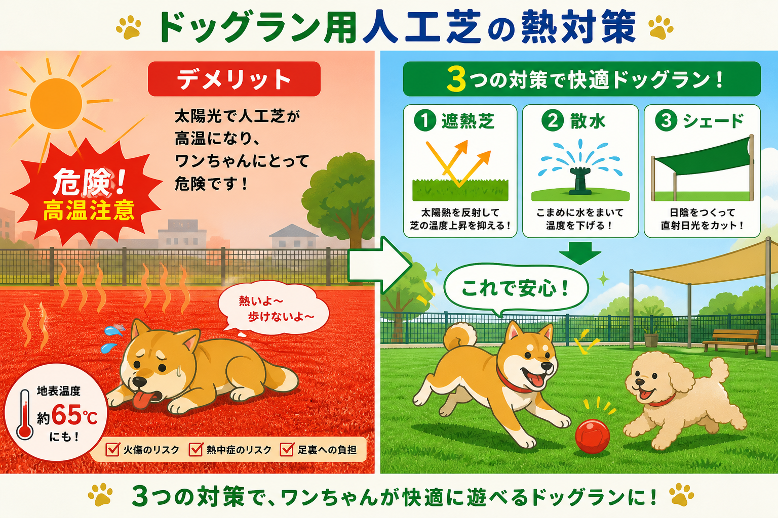 日本人と日本人の近代住宅・風景。参照画像の画風・テイスト・タッチでのイラストの作成。必要に応じてカラーにして。, ドッグラン用人工芝の熱対策を解説するインフォグラフィック。フラットデザインの明るいデジ