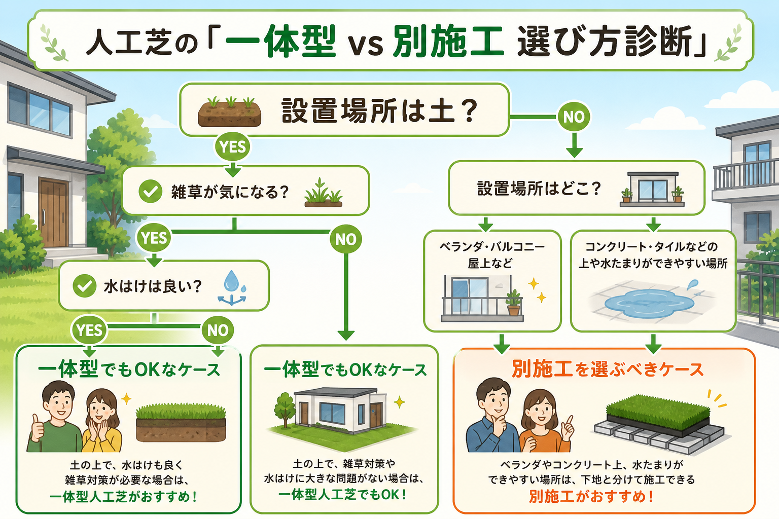 日本人と日本人の近代住宅・風景。参照画像の画風・テイスト・タッチでのイラストの作成。必要に応じてカラーにして。, 人工芝の「一体型 vs 別施工 選び方診断」というタイトルのインフォグラフィック。親し