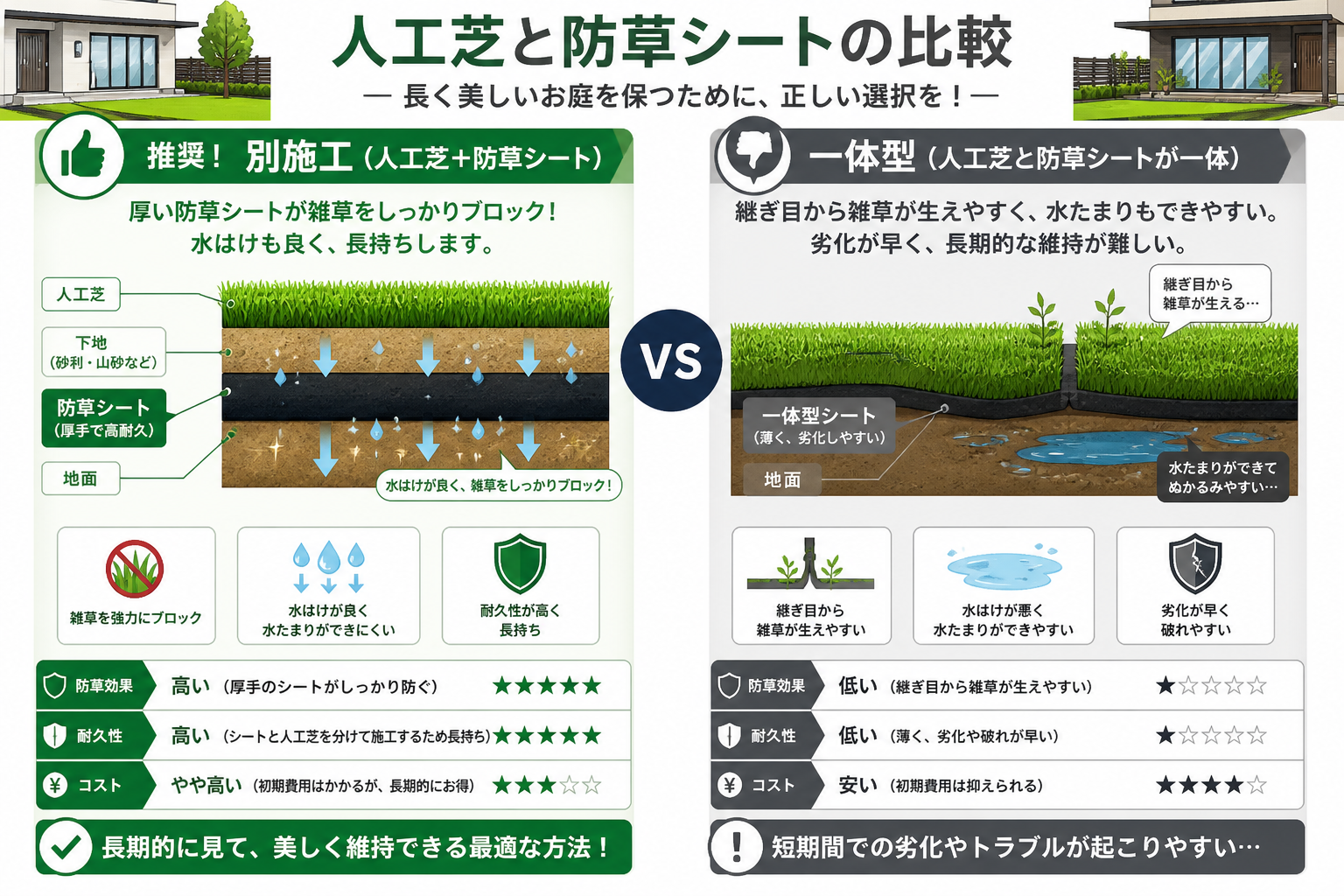 日本人と日本人の近代住宅・風景。参照画像の画風・テイスト・タッチでのイラストの作成。必要に応じてカラーにして。, 人工芝と防草シートの比較インフォグラフィック。左右2分割の比較図で、左は推奨の「別施工