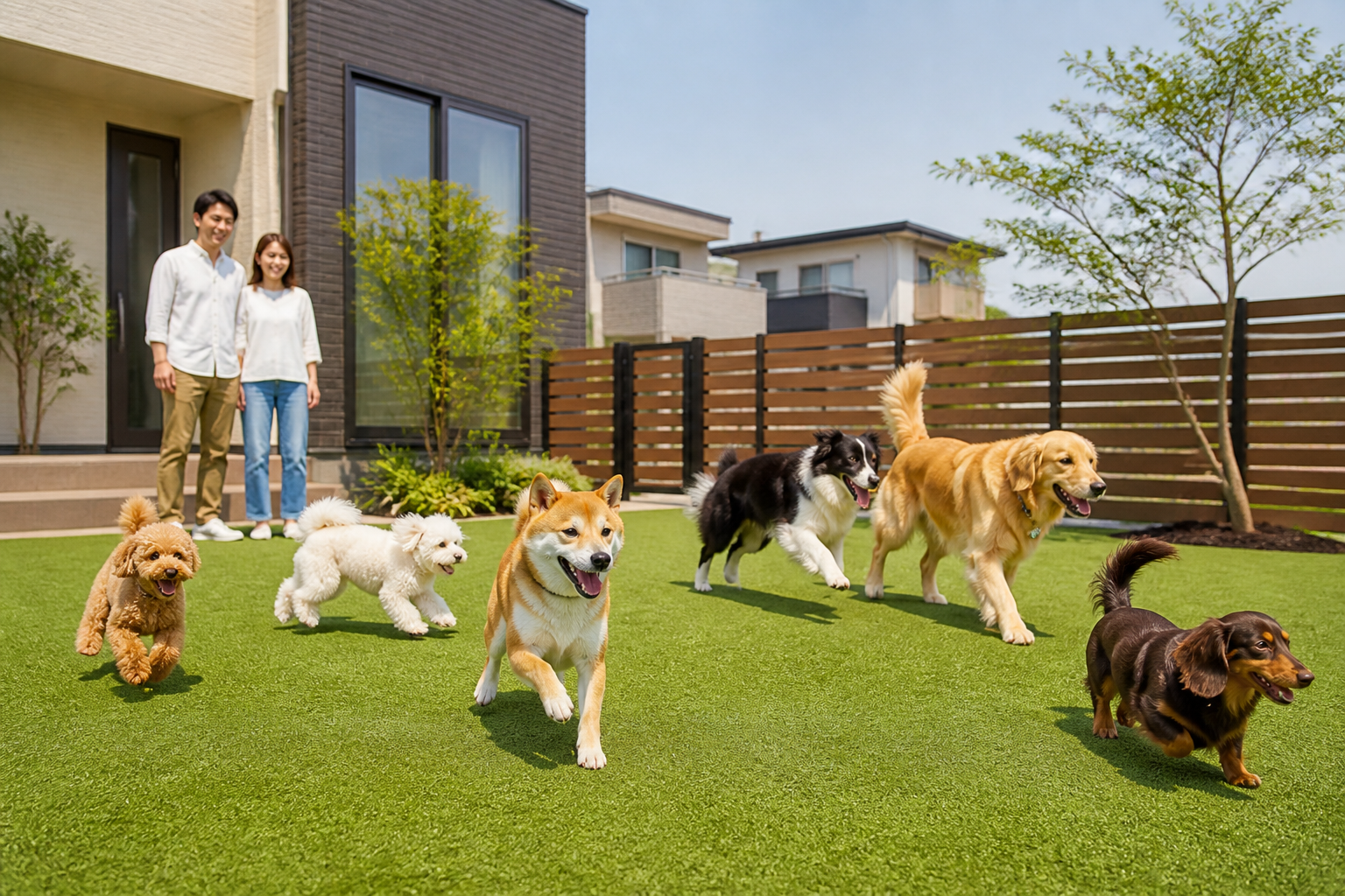 エスケー住宅サービスが施工した人工芝ドッグランで、様々な犬種の犬が楽しそうに遊んでいる写真（複数枚）]