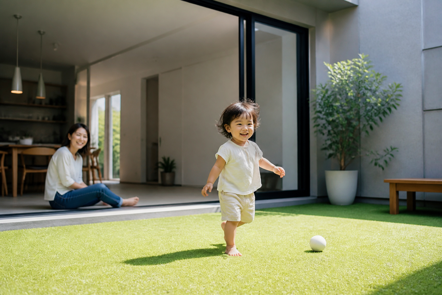 室内の人工芝の上で、小さな子供が裸足で楽しそうに遊んでいる写真。]