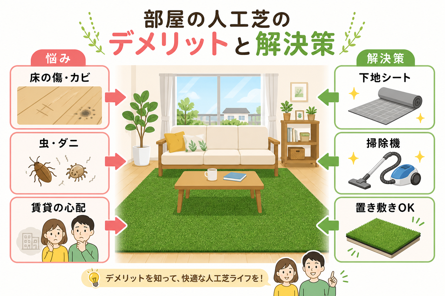日本人と日本人の近代住宅・風景。参照画像の画風・テイスト・タッチでのイラストの作成。必要に応じてカラーにして。, 「部屋の人工芝のデメリットと解決策」をテーマにしたインフォグラフィック。中央に明るいリ