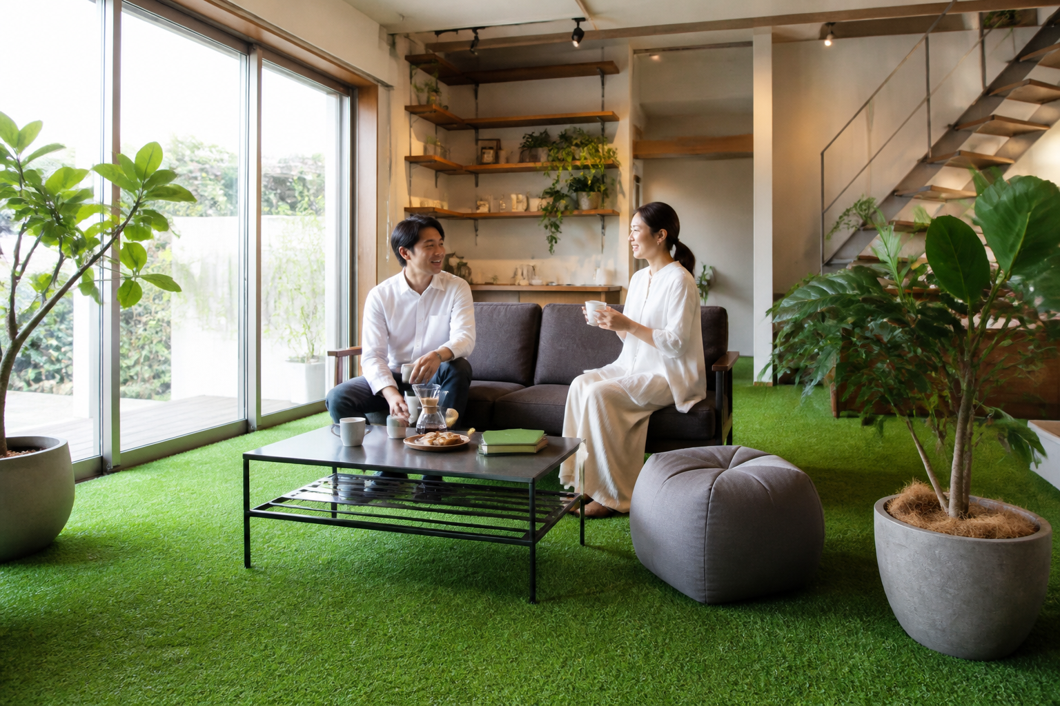 リビング全体に人工芝が敷かれ、観葉植物やモダンな家具と調和している施工事例の写真。]