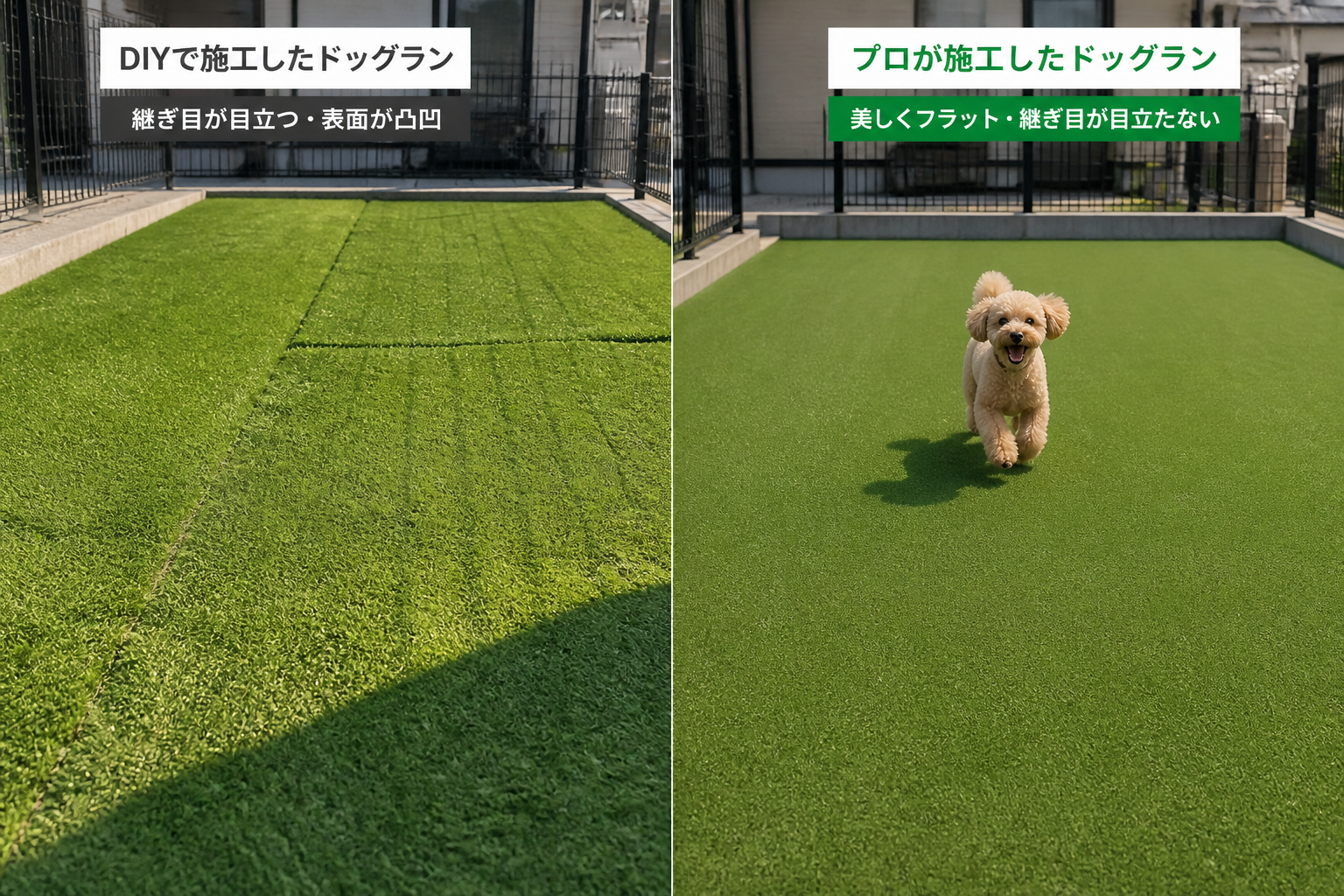 DIYで施工して継ぎ目が目立ったり表面が凸凹になった人工芝の写真と、プロが施工した美しくフラットな人工芝ドッグランの比較写真]