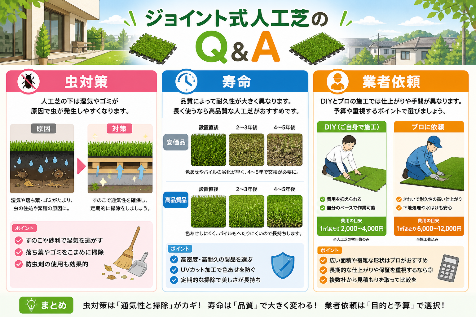 日本人と日本人の近代住宅・風景。参照画像の画風・テイスト・タッチでのイラストの作成。必要に応じてカラーにして。, ジョイント式人工芝のQ&Aを解説するインフォグラフィック。フラットデザインの明るいデジ