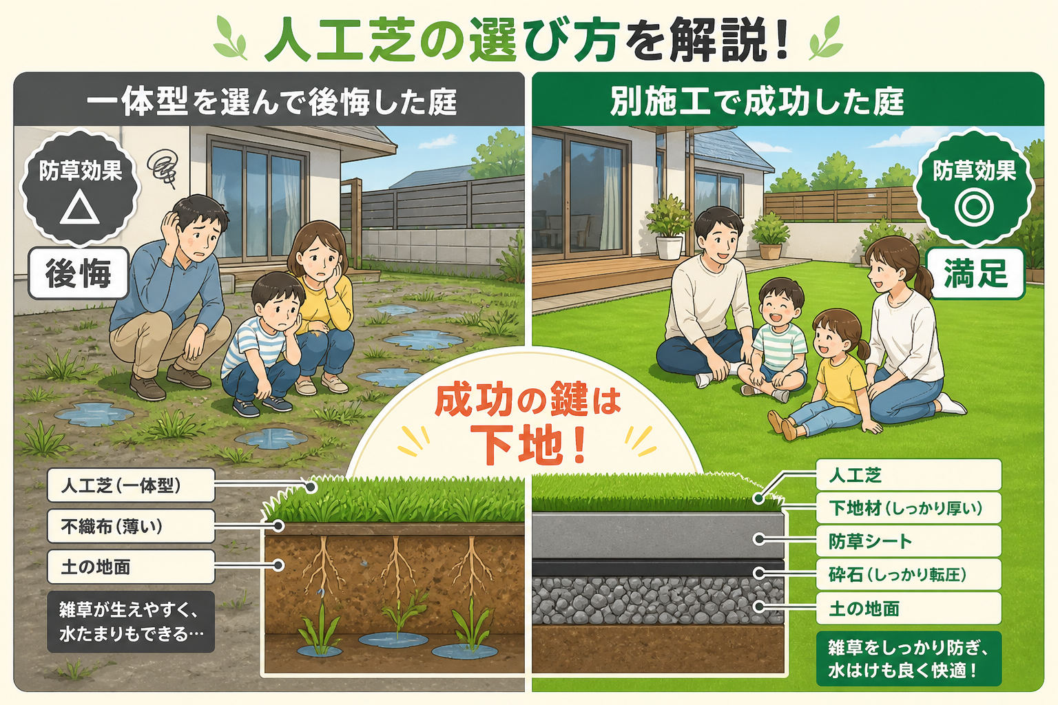 日本人と日本人の近代住宅・風景。参照画像の画風・テイスト・タッチでのイラストの作成。必要に応じてカラーにして。, 人工芝の選び方を解説するインフォグラフィック。明るくフラットなデジタルイラスト。画面を