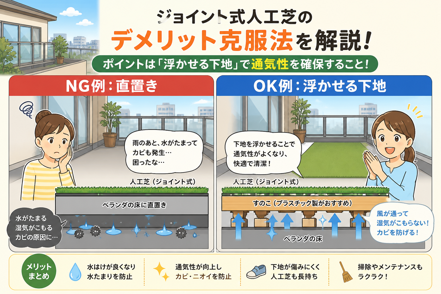 日本人と日本人の近代住宅・風景。参照画像の画風・テイスト・タッチでのイラストの作成。必要に応じてカラーにして。, ジョイント式人工芝のデメリット克服法を解説するインフォグラフィック。左右比較図で、左に