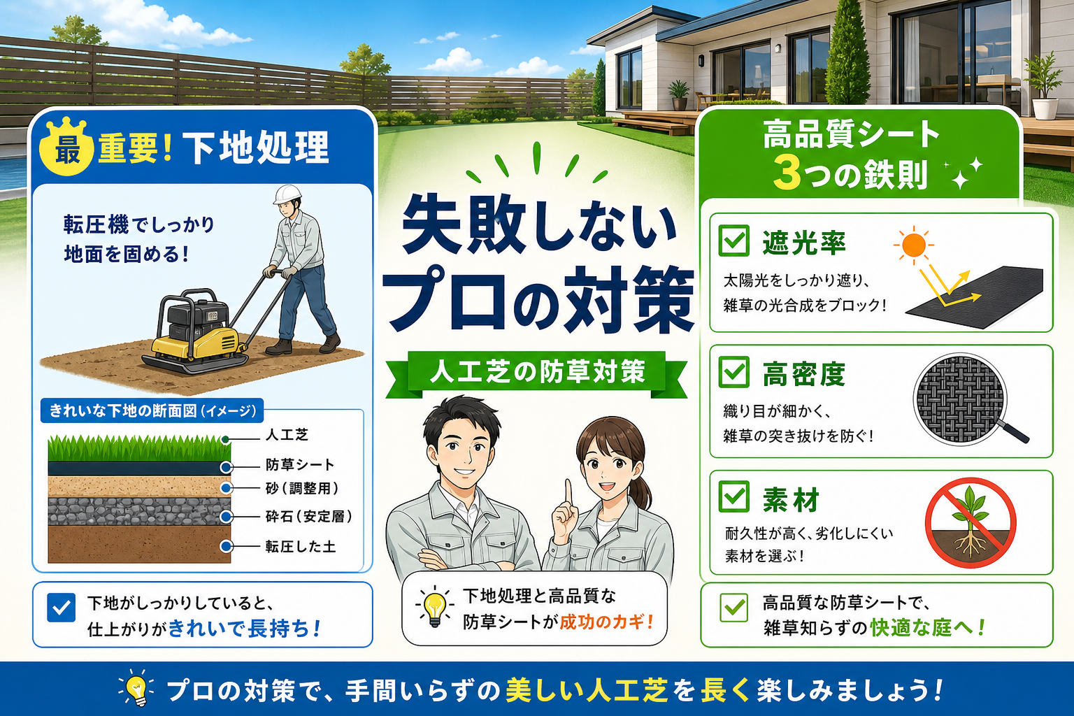 日本人と日本人の近代住宅・風景。参照画像の画風・テイスト・タッチでのイラストの作成。必要に応じてカラーにして。, 人工芝の防草対策を解説するインフォグラフィック。明るくクリーンなデジタルイラスト。中央