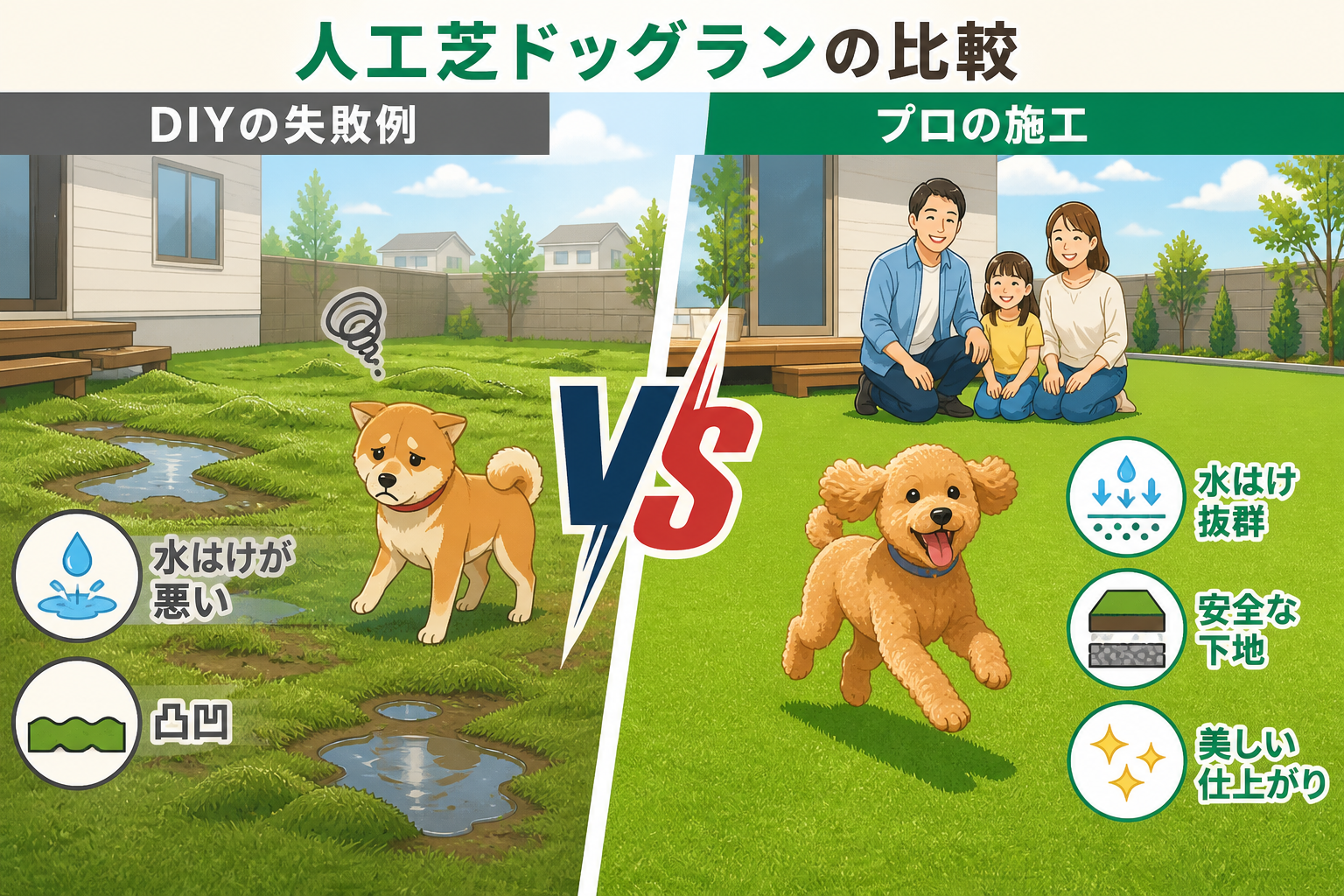 日本人と日本人の近代住宅・風景。参照画像の画風・テイスト・タッチでのイラストの作成。必要に応じてカラーにして。, 人工芝ドッグランの比較インフォグラフィック。明るいデジタルイラスト、フラットデザイン。