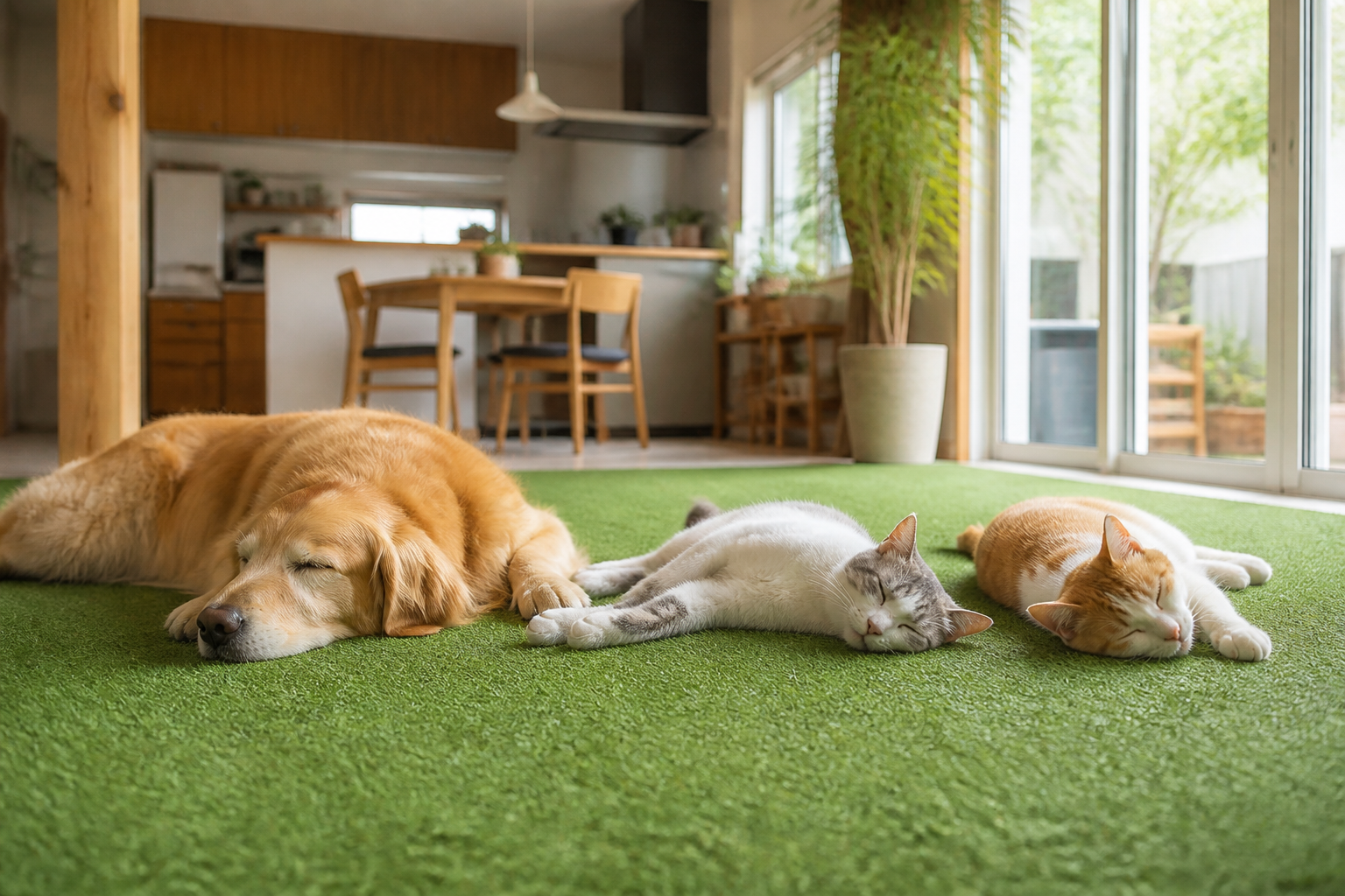 室内用人工芝の上で、犬や猫が気持ちよさそうに寝転がったり、くつろいだりしている写真。]