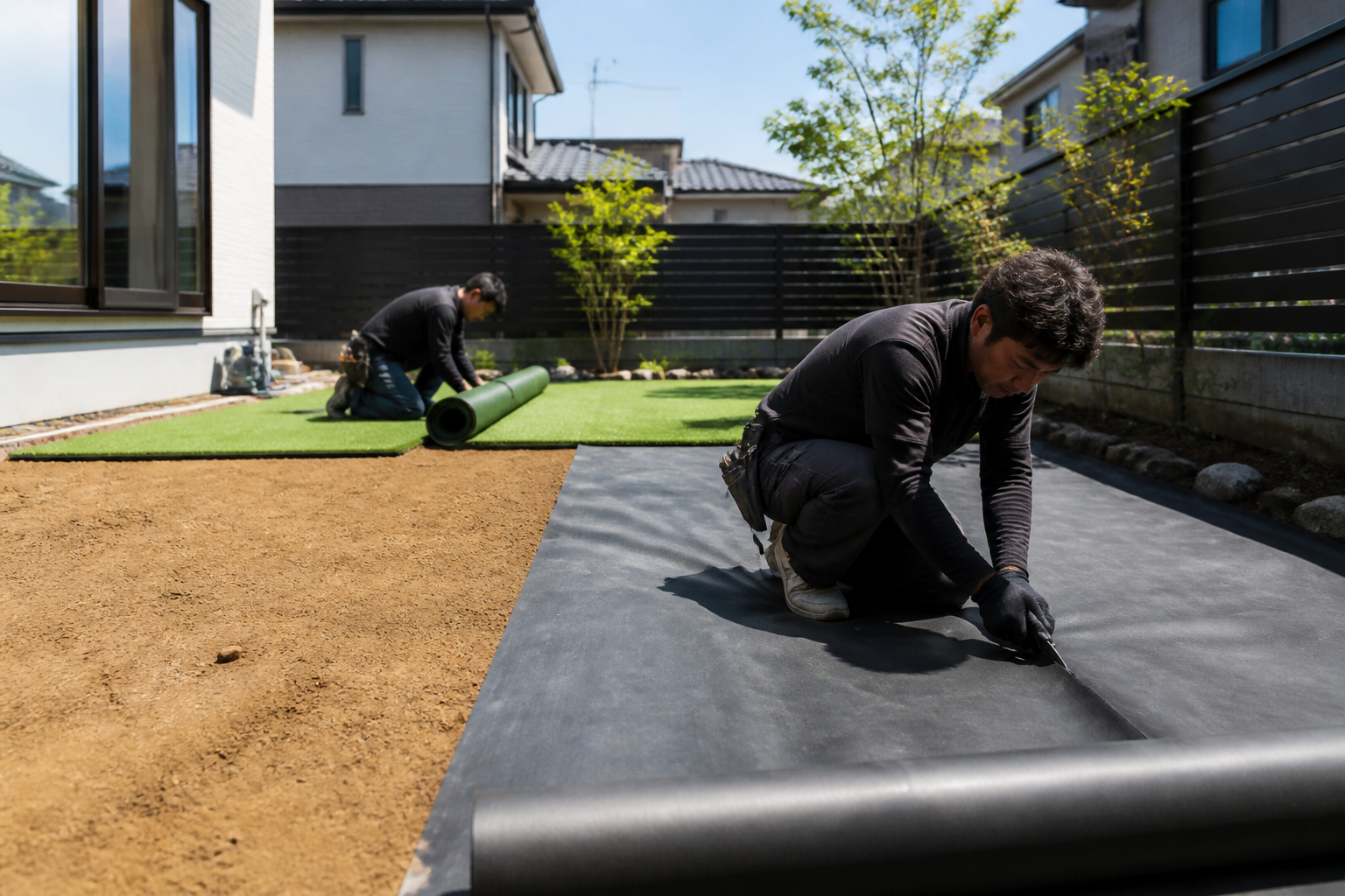 広い土の庭に、プロが丁寧に防草シートと人工芝を別々に施工している作業途中の写真。下地処理の重要性が伝わるようなカット。]
