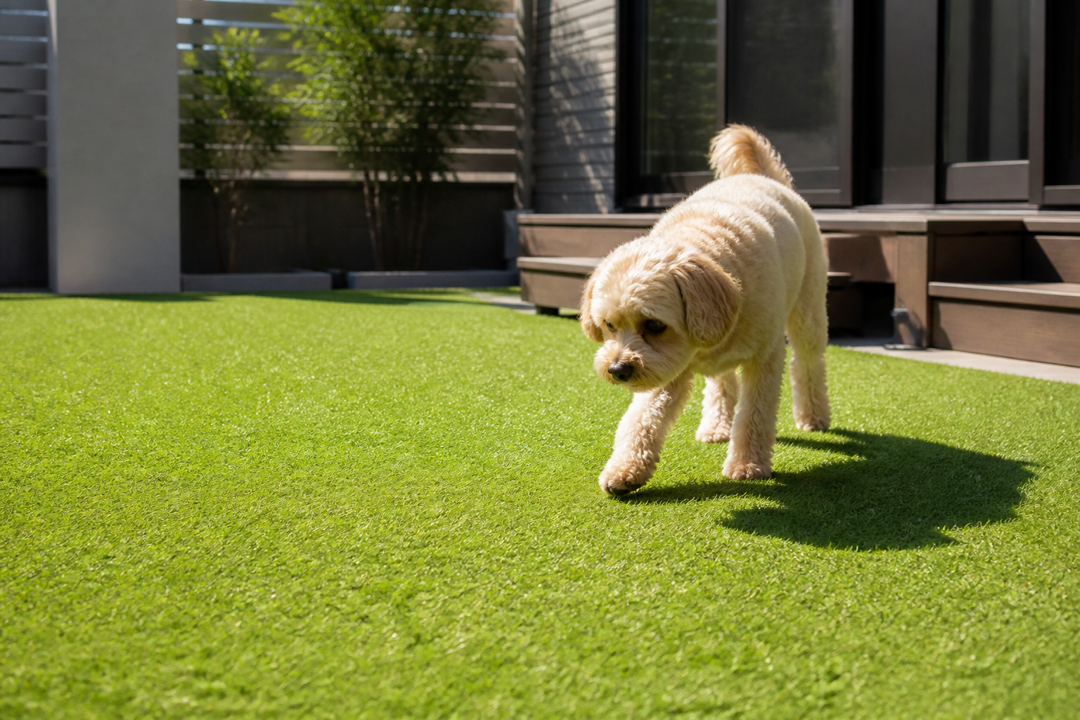 夏の強い日差しで熱くなった人工芝の上を犬が歩くのをためらっている様子の写真。もしくは、サーモグラフィで人工芝の表面温度が赤く表示されている画像。]