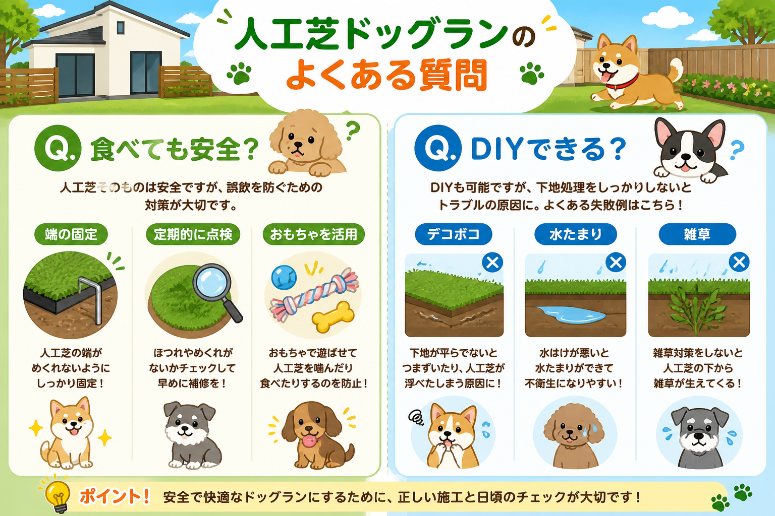 日本人と日本人の近代住宅・風景。参照画像の画風・テイスト・タッチでのイラストの作成。必要に応じてカラーにして。, 「人工芝ドッグランのよくある質問」をテーマにしたインフォグラフィック。画面を2分割し、